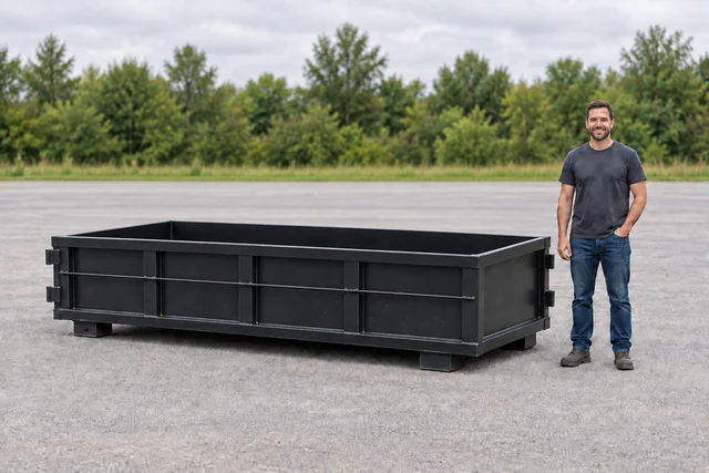 AI illustration of a low profile bin with an adult for approximate scale