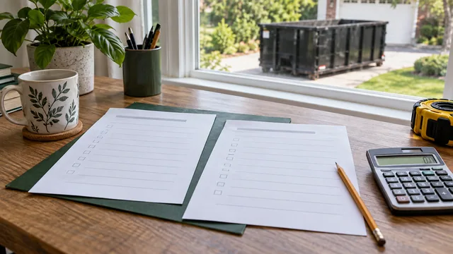 AI illustration of two quote worksheets, a calculator and a rental bin outside a window