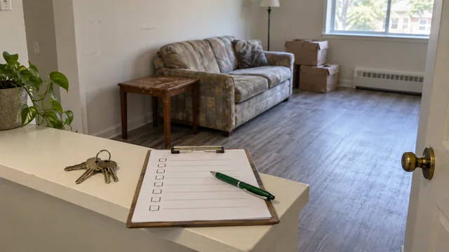 AI illustration of keys and a checklist beside worn items in a rental property